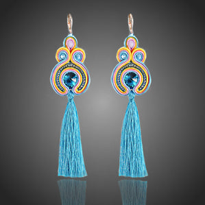 náušnice soutache dlhé modré strapce